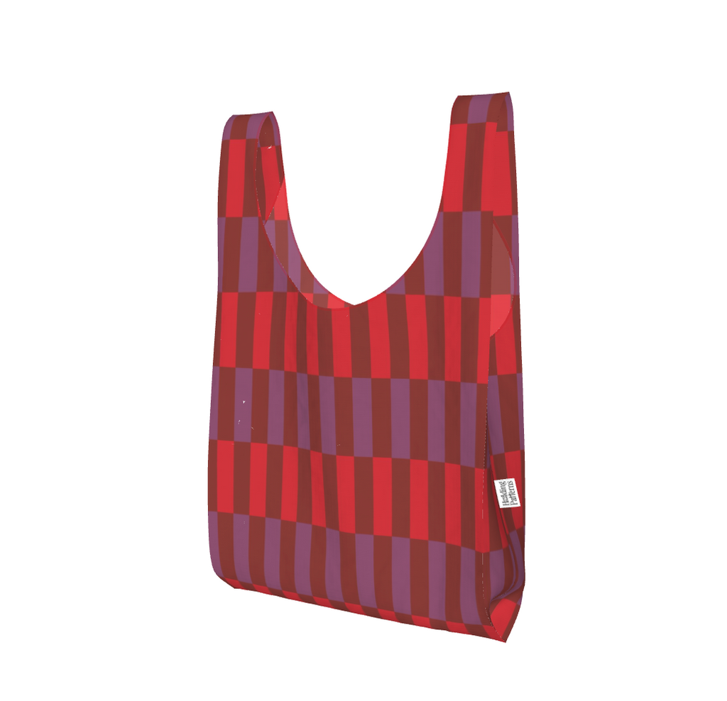 Reusable shopping bag with red and purple striped pattern on a white background