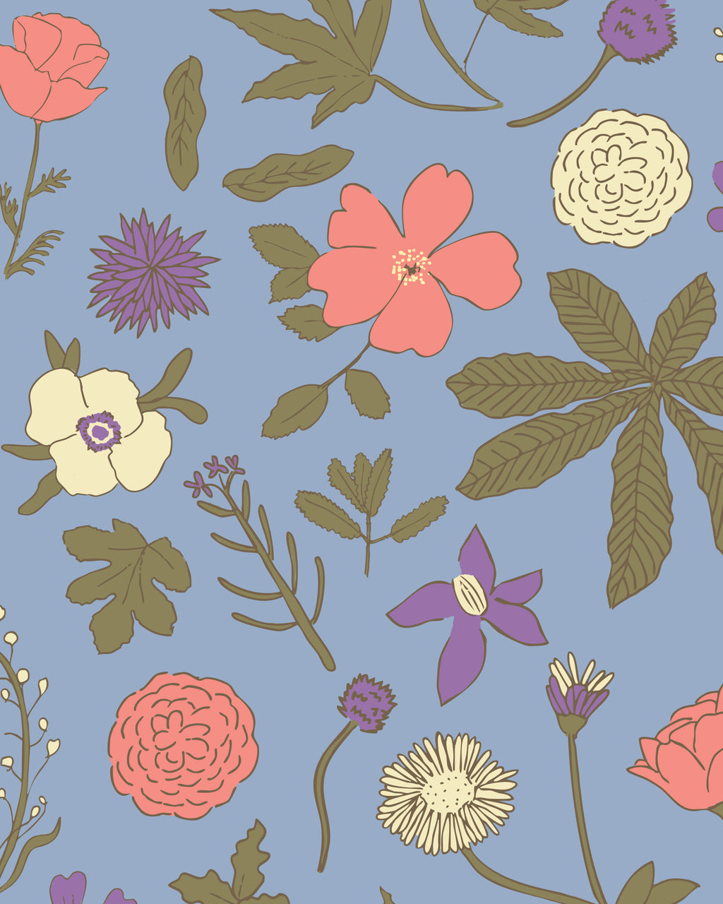 Floral pattern with pink, purple, and yellow flowers on a blue background
