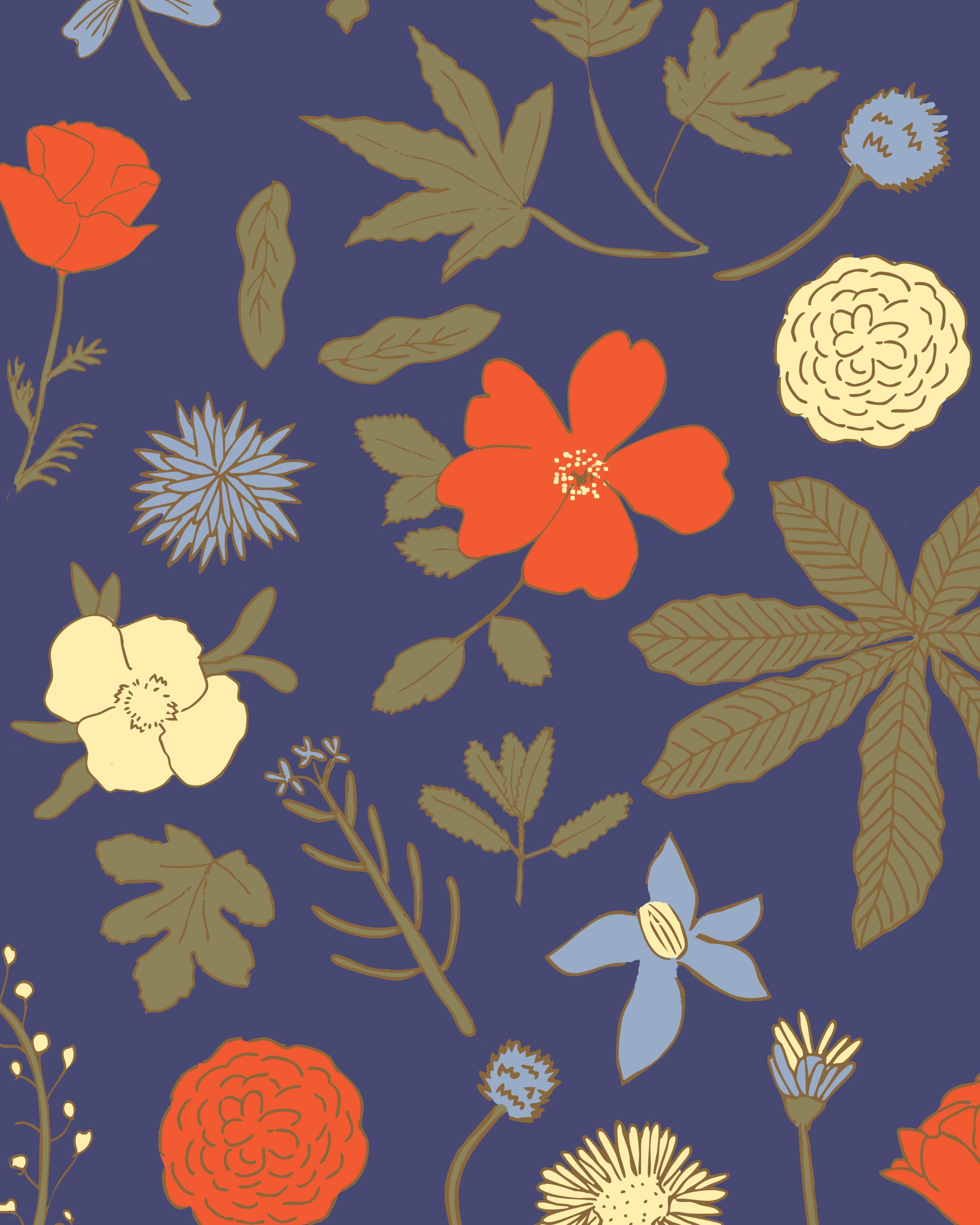Floral pattern with red, yellow, and blue flowers on a dark blue background
